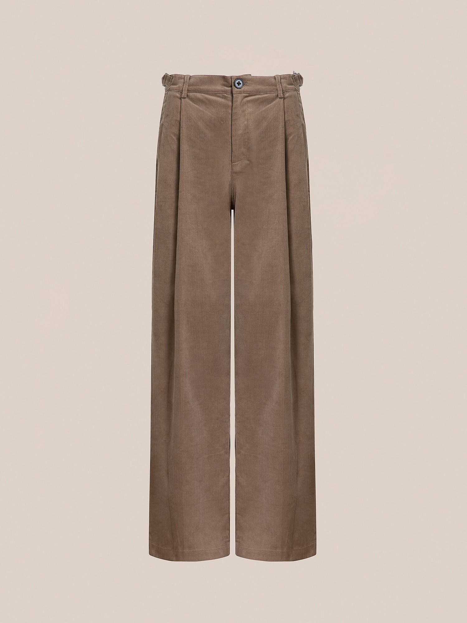 FOUND's Corduroy Pleated Trousers, showcasing a high-rise waist and double pleats with a button closure, are elegantly presented against a plain background.