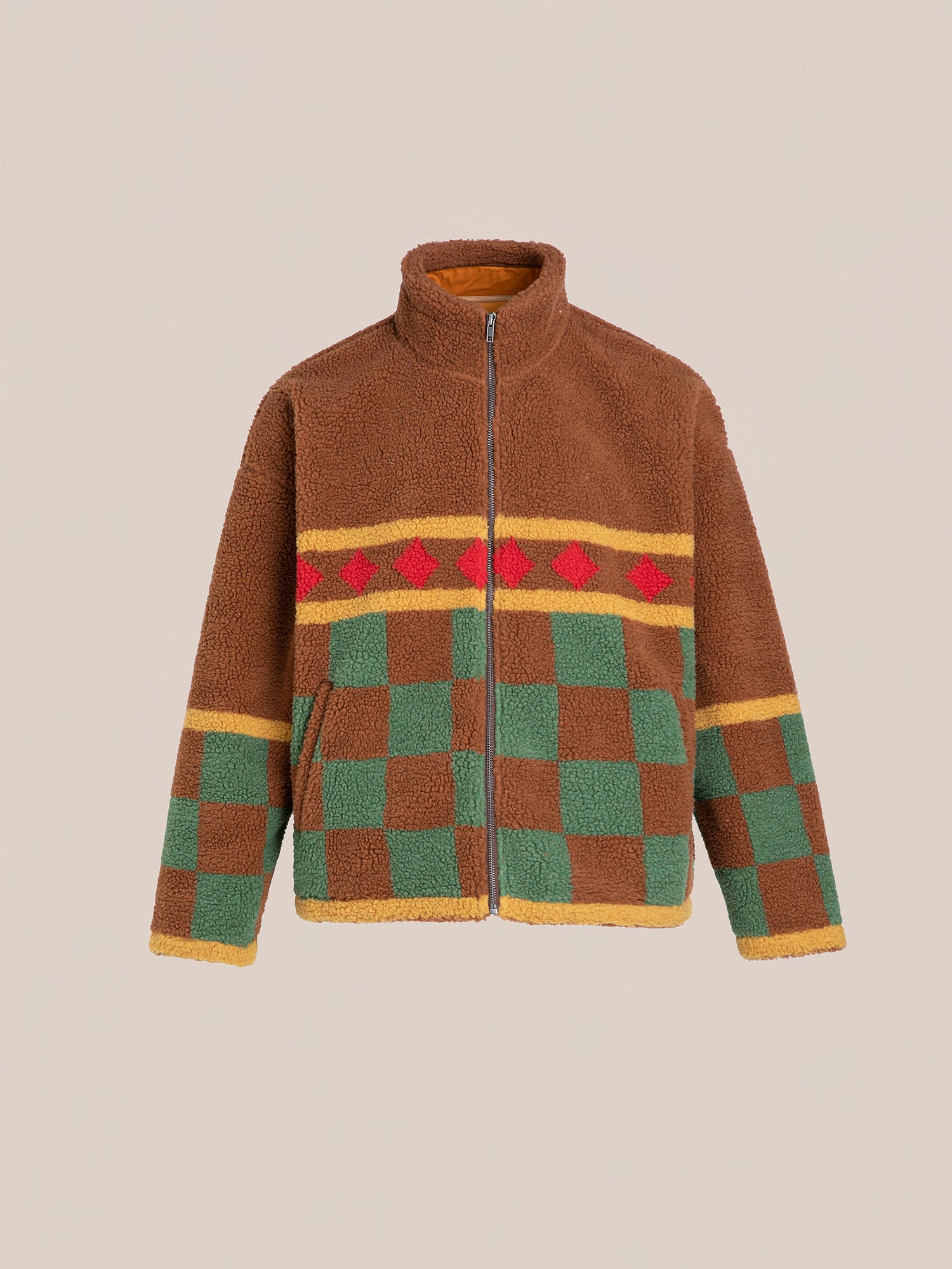 Introducing the Checkered Zip-Up Sherpa by FOUND: a brown fleece jacket with a zip, adorned with stylish green checkered and red diamond patterns.