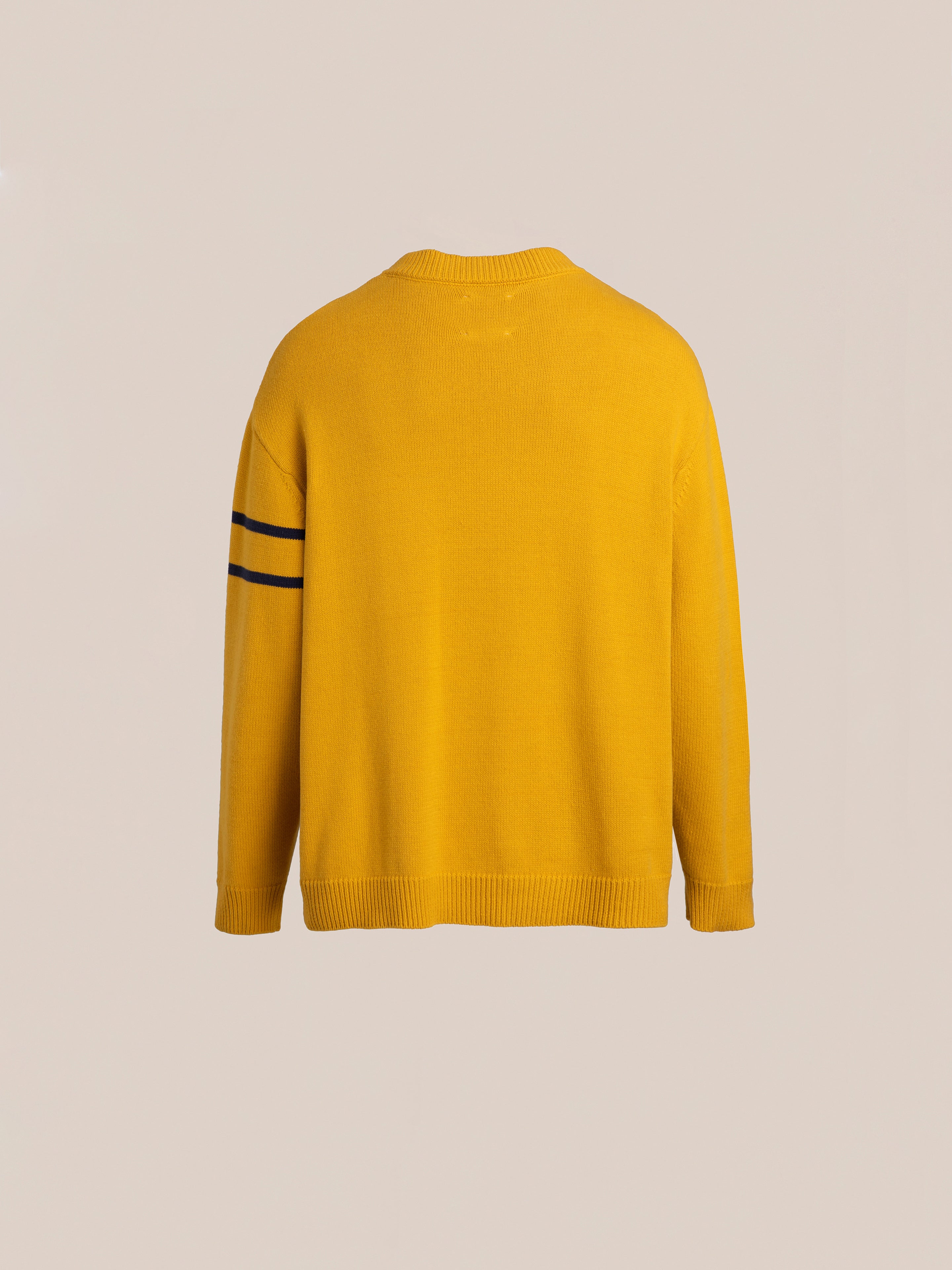 The Arrow-Wood Varsity Knit Sweater by FOUND features a mustard yellow color with long sleeves and two horizontal navy blue stripes on the left arm. Shown from the back against a plain beige background, it exudes a vintage look that perfectly complements an Ivy League wardrobe.