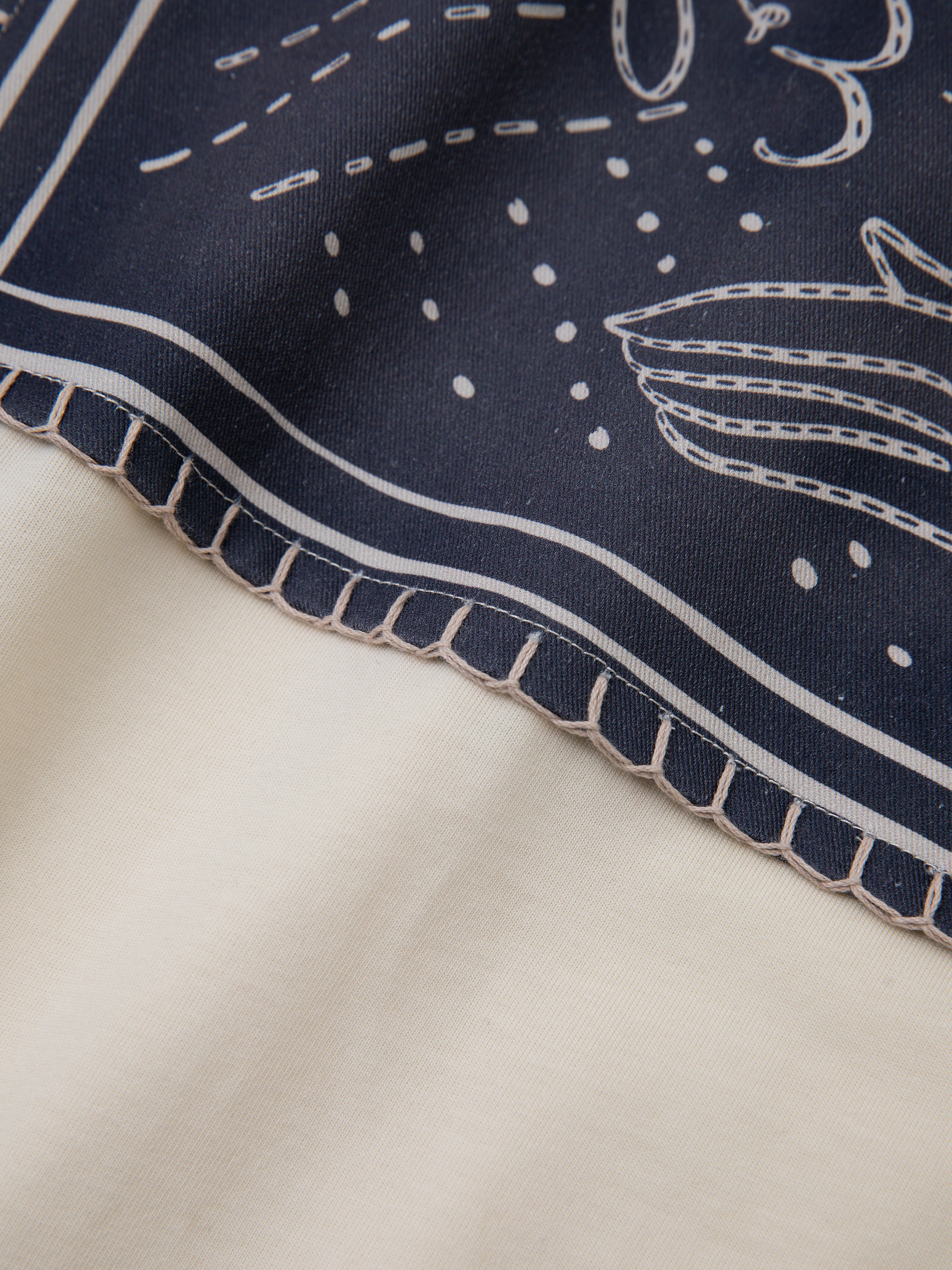 Close-up of the Hand Art Graphic Tee by FOUND, featuring a dark blue section with white printed designs inspired by South Asian Mughal paintings and embellished with white stitching. The 100% cotton fabric seamlessly transitions into a plain cream section below the stitching.