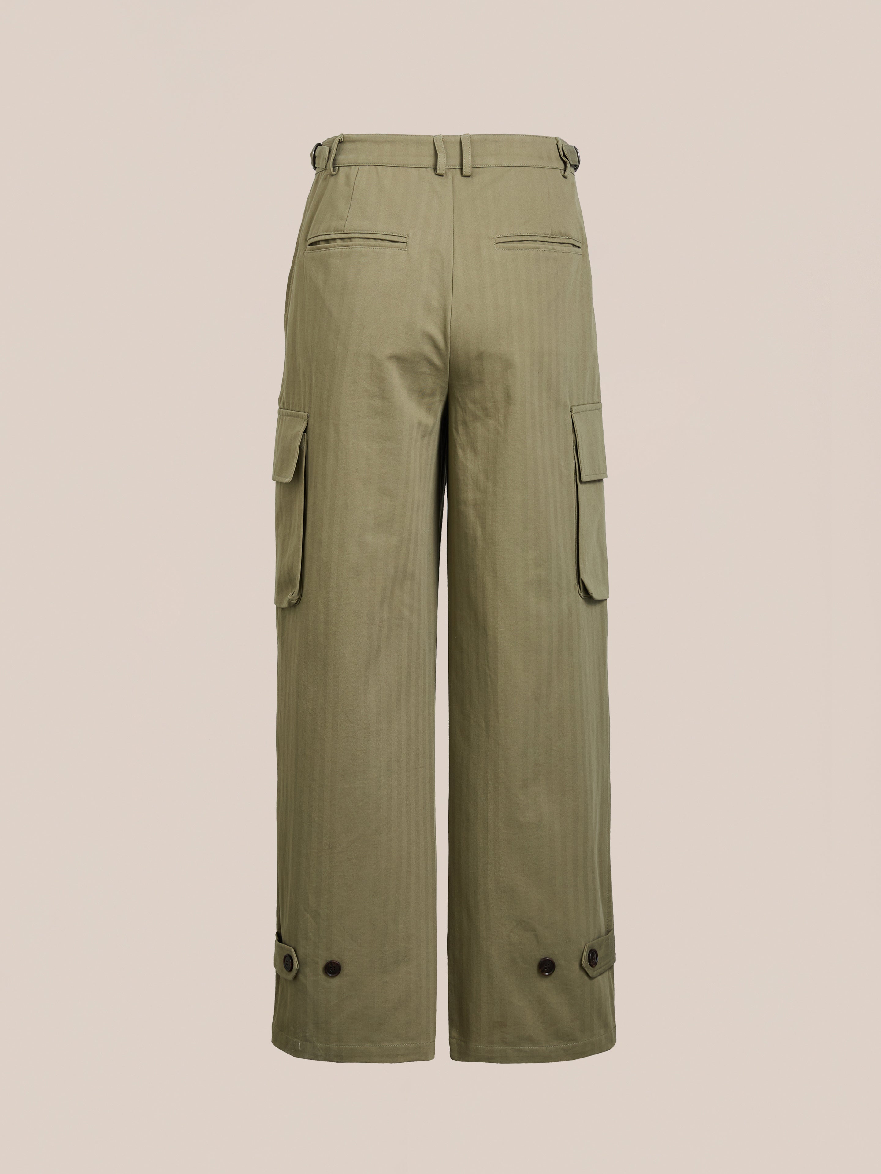 Introducing the FOUND "Hava" Herringbone Pleated Cargo Trousers in olive green, perfect for utility wear. With multiple pockets, button-up cuffs, and belt loops, these streamlined pants offer both style and function against a plain background.