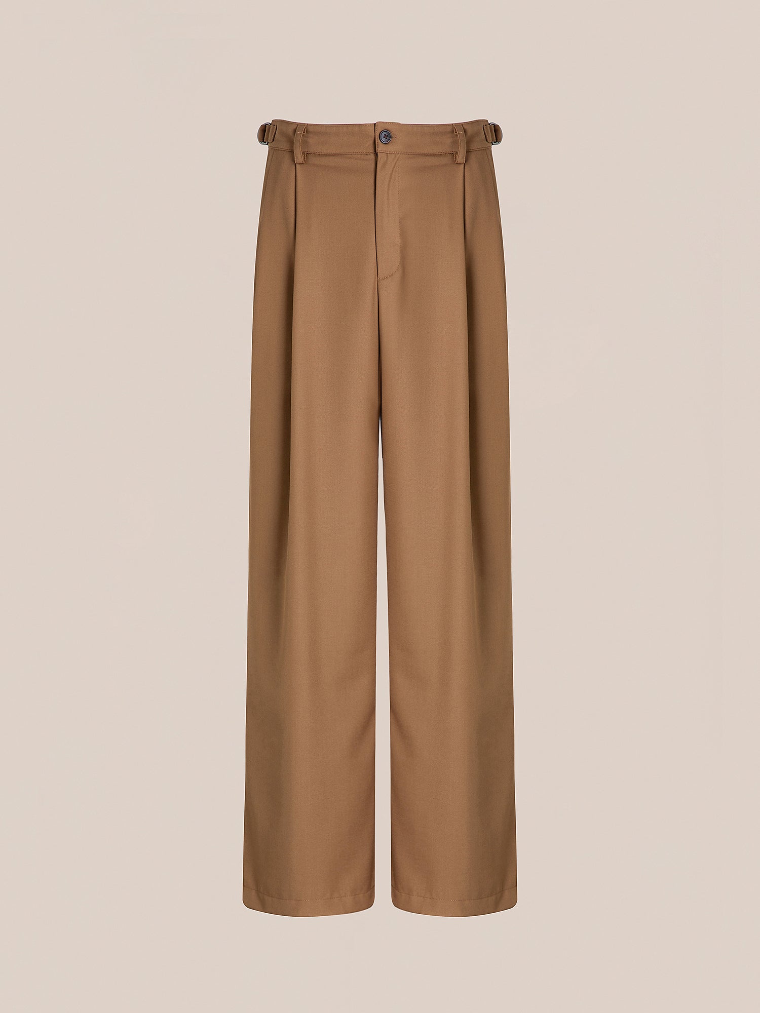 Brown Pleated Trousers by FOUND featuring a wide-leg cut, high waist, button closure, and adjustable side tabs, showcased on a plain background.