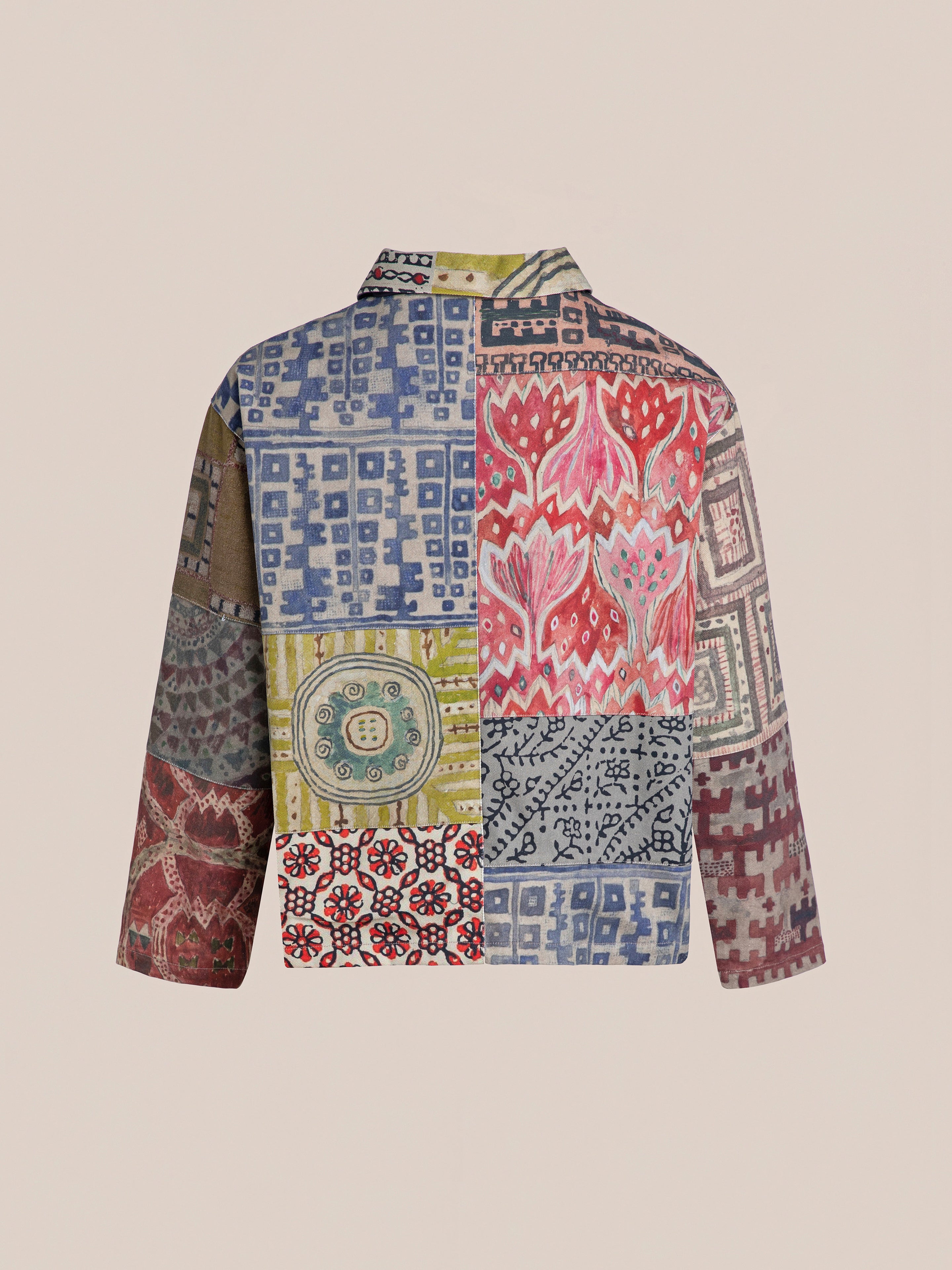 Back view of the FOUND Watercolor Mosaic Work Jacket, a unisex long-sleeved piece with a colorful geometric and floral mosaic design.