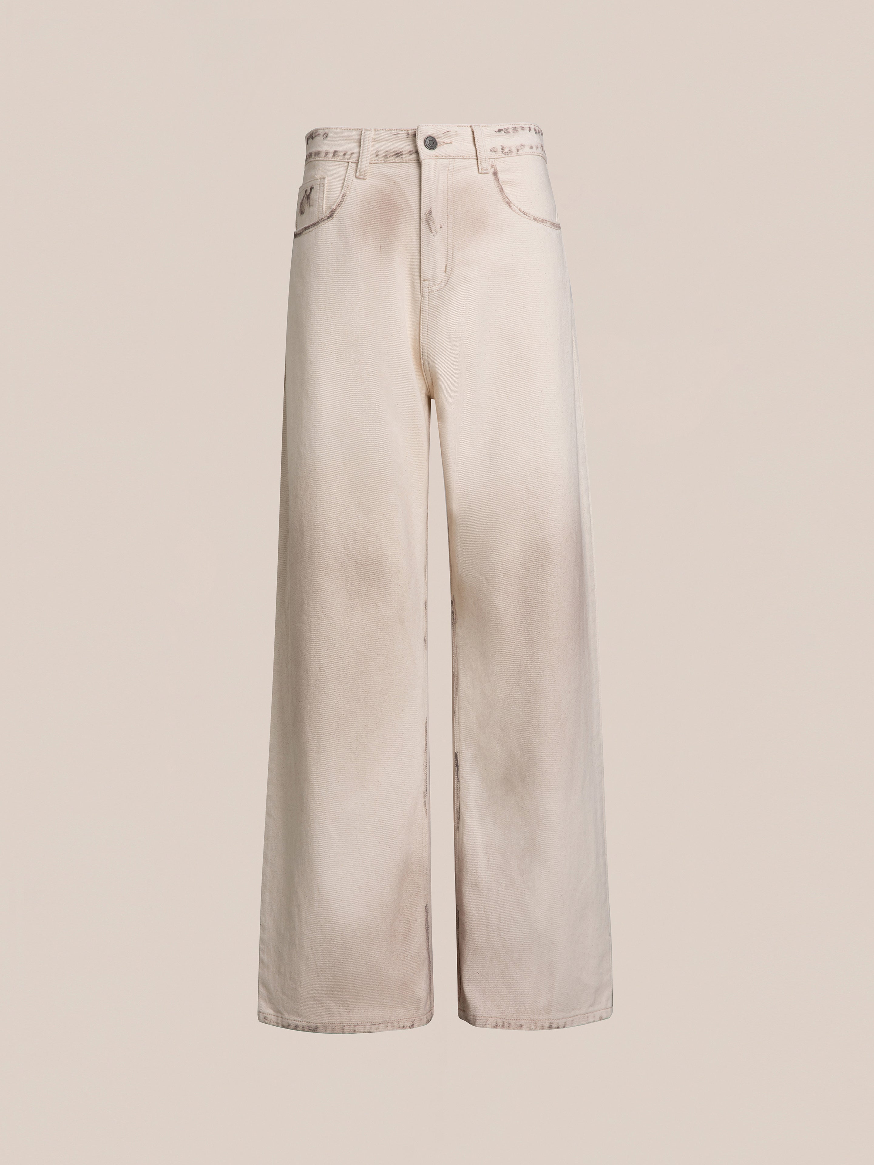 FOUND's Lacy Baggy Jeans feature a wide-leg, high-waisted design in a dirty white wash, complete with a button and zip fly, front pockets, and slight fading.