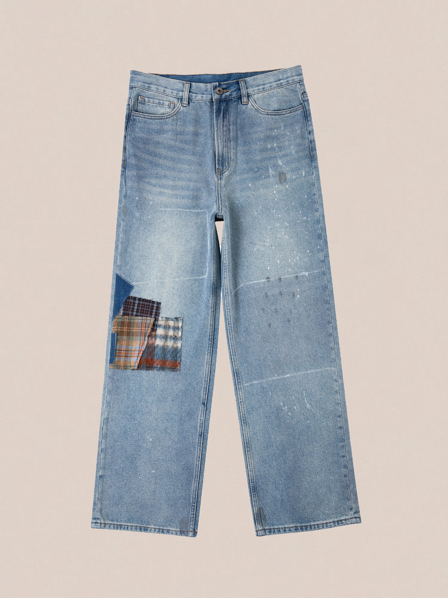 Introducing the "Mix Patch Jeans" by Profound: These light blue jeans boast a wide-leg fit and are crafted from denim cotton, featuring vintage-inspired patchwork details in plaid patterns on the left leg.