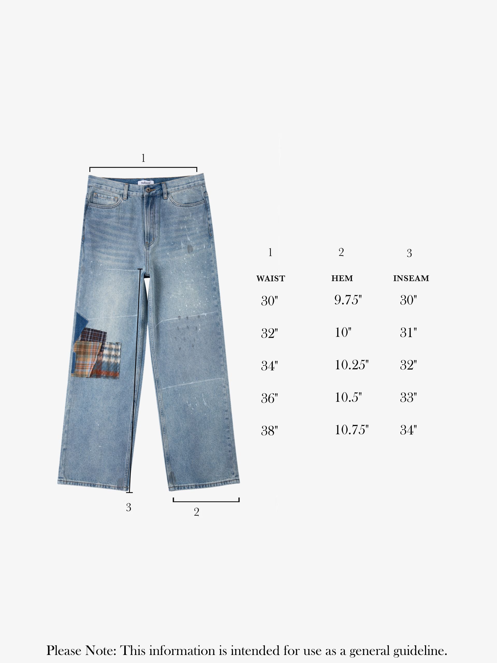 The Mix Patch Jeans by Profound feature distressed denim cotton with unique patchwork on one leg, beautifully presented alongside a size chart that includes waist, hem, and inseam measurements.