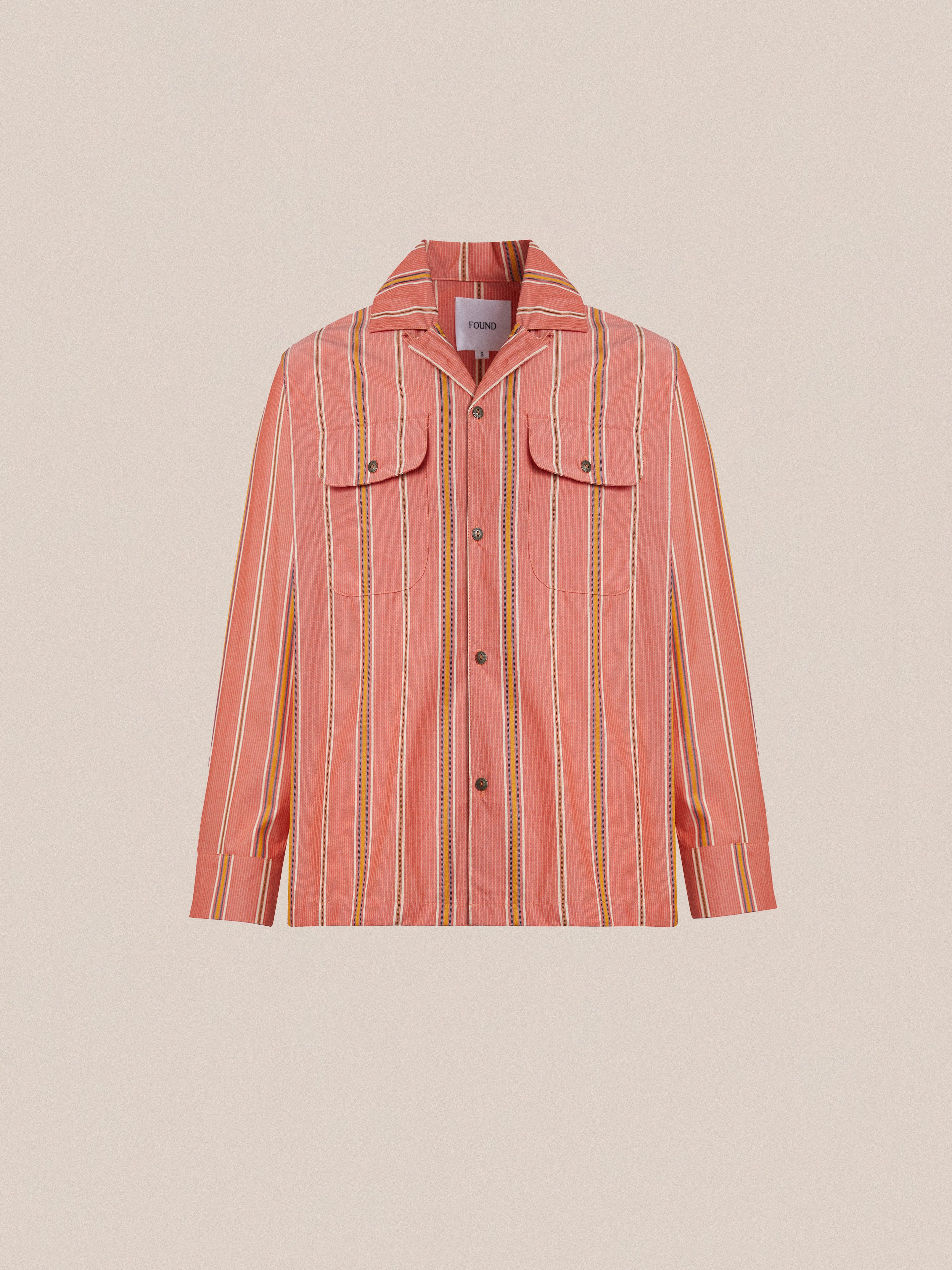 A pink, long-sleeve Stripe Citrus LS Camp shirt with a striped pattern by Found.